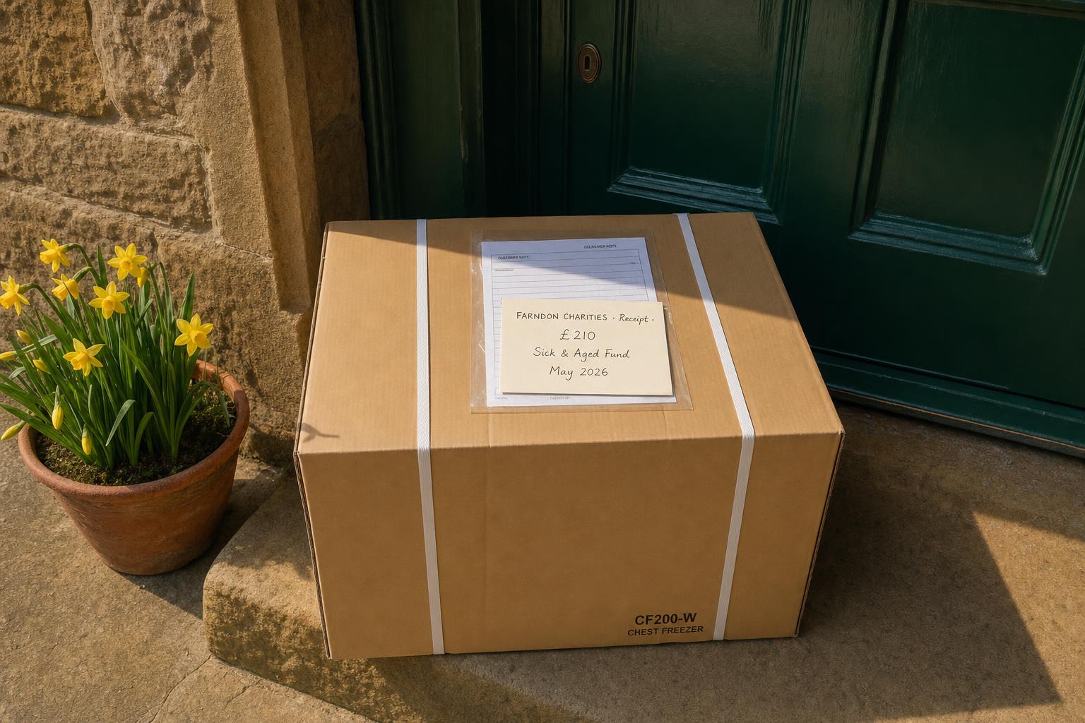 A Farndon doorstep in spring with a freshly delivered freezer in its packaging