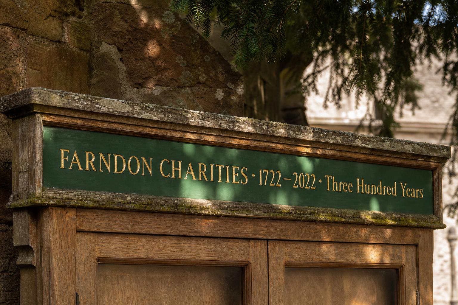 A wooden notice-board outside St Chad's with FARNDON CHARITIES routed in gold lettering