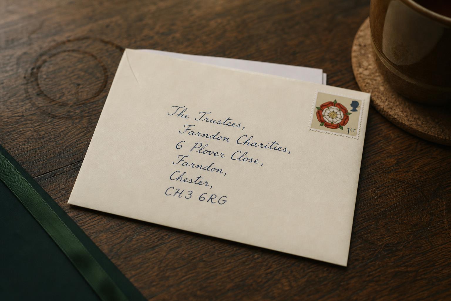 A close-up of an envelope addressed in cursive ink to Farndon Charities, 6 Plover Close