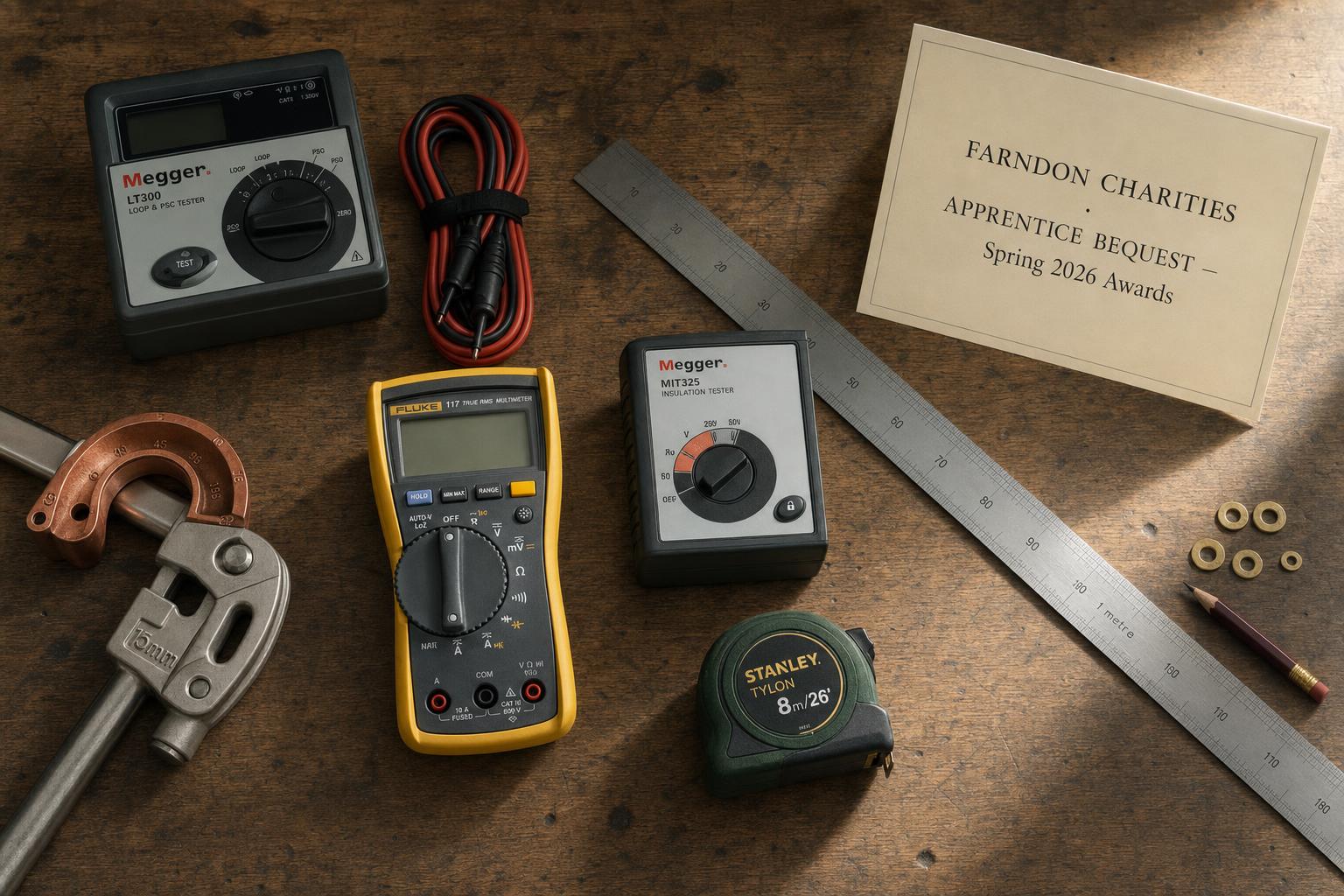 A workshop bench in Chester with an apprentice electrician's tools laid out neatly