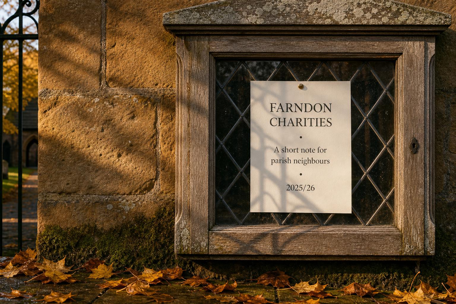 A small parish notice-board outside St Chad's church, Farndon, with a charity application leaflet pinned in place