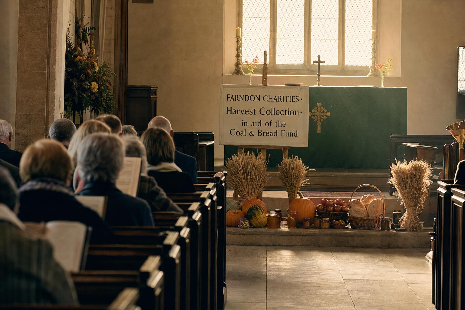 A small congregation in St Chad's, Farndon, at the Harvest collection service in September