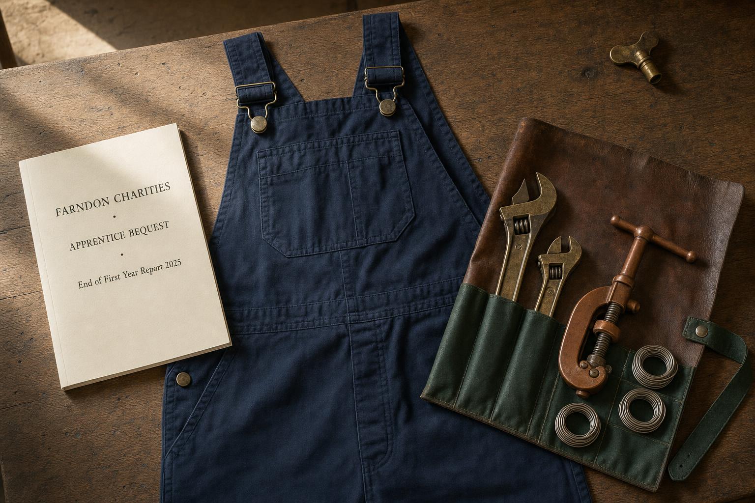 A pair of plumber's overalls and a tool roll on a Cheshire workbench, with a Farndon Charities handbook