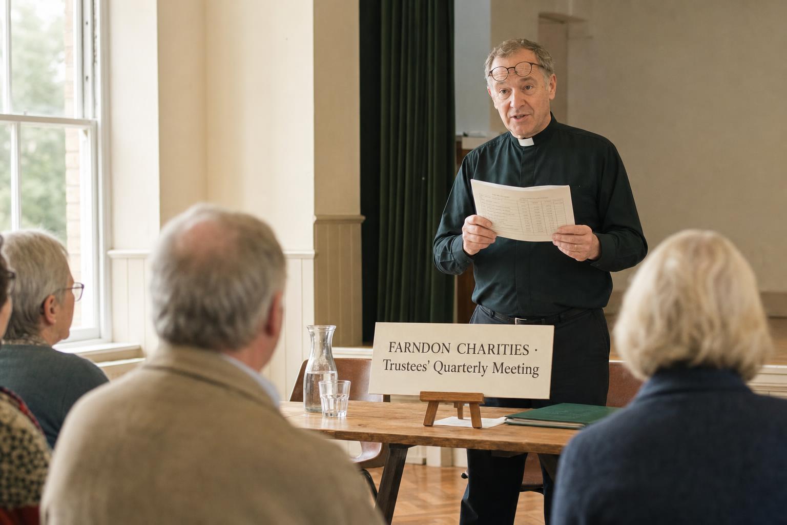 The Reverend David Scurr reading a page of accounts aloud at the Farndon Memorial Hall open meeting