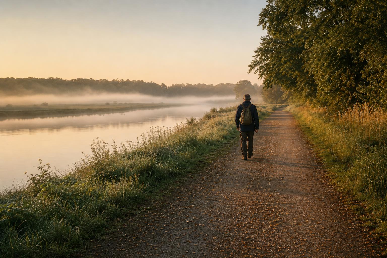 A walker on the Boatmoor towpath above Farndon at dawn, river mist, soft autumn light