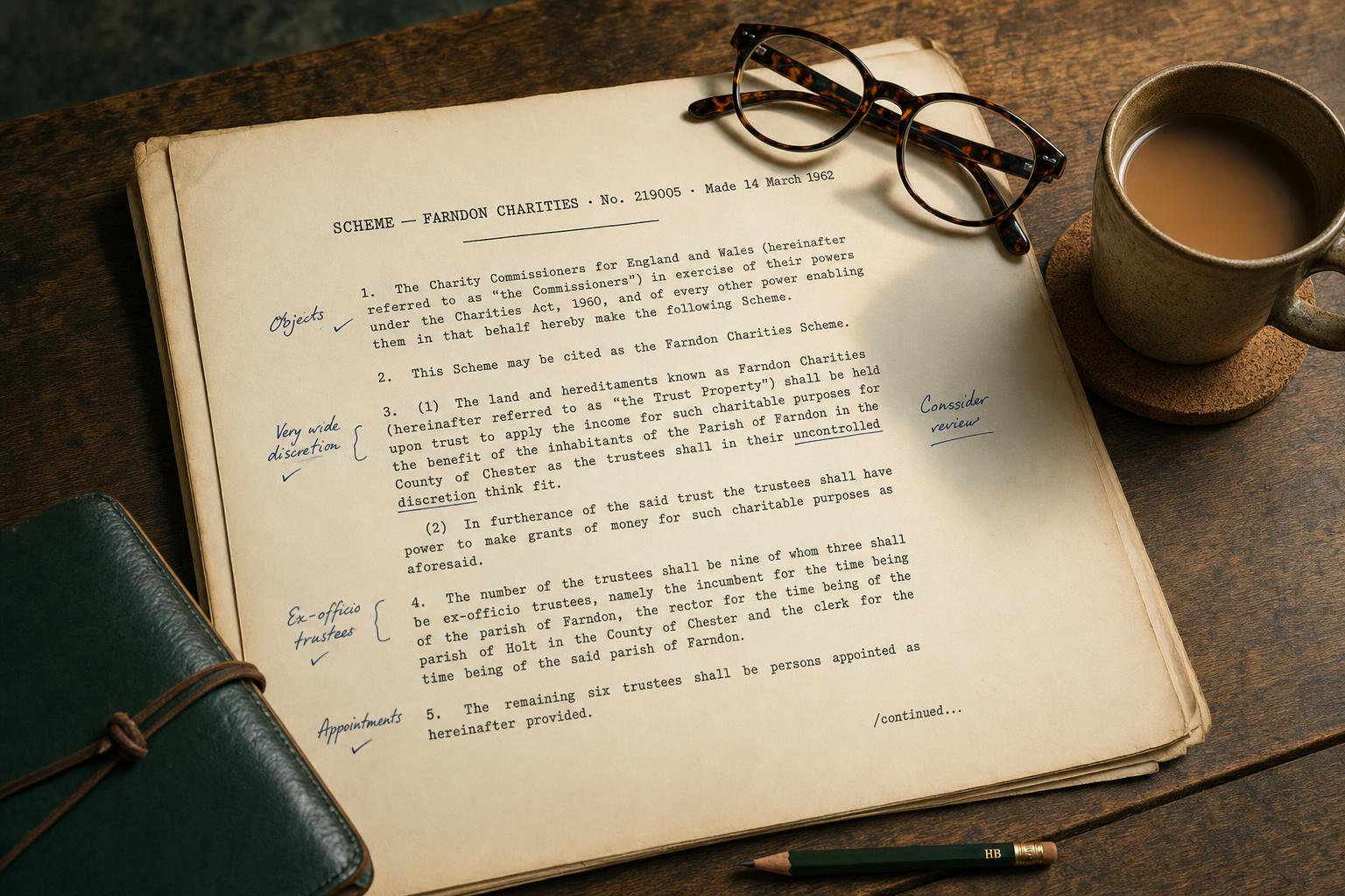 A worn 1962 Charity Commission Scheme document on a tabletop, with handwritten marginalia