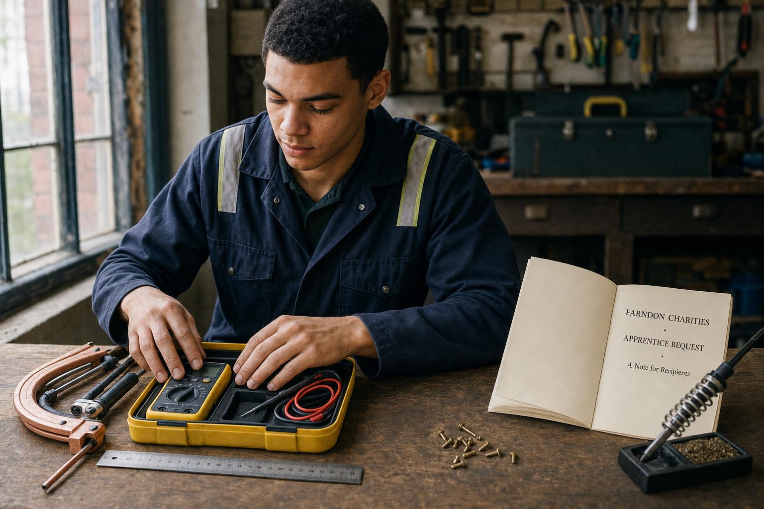 A young person in workwear stacking new tools in a workshop, with a Farndon apprenticeship handbook on the bench