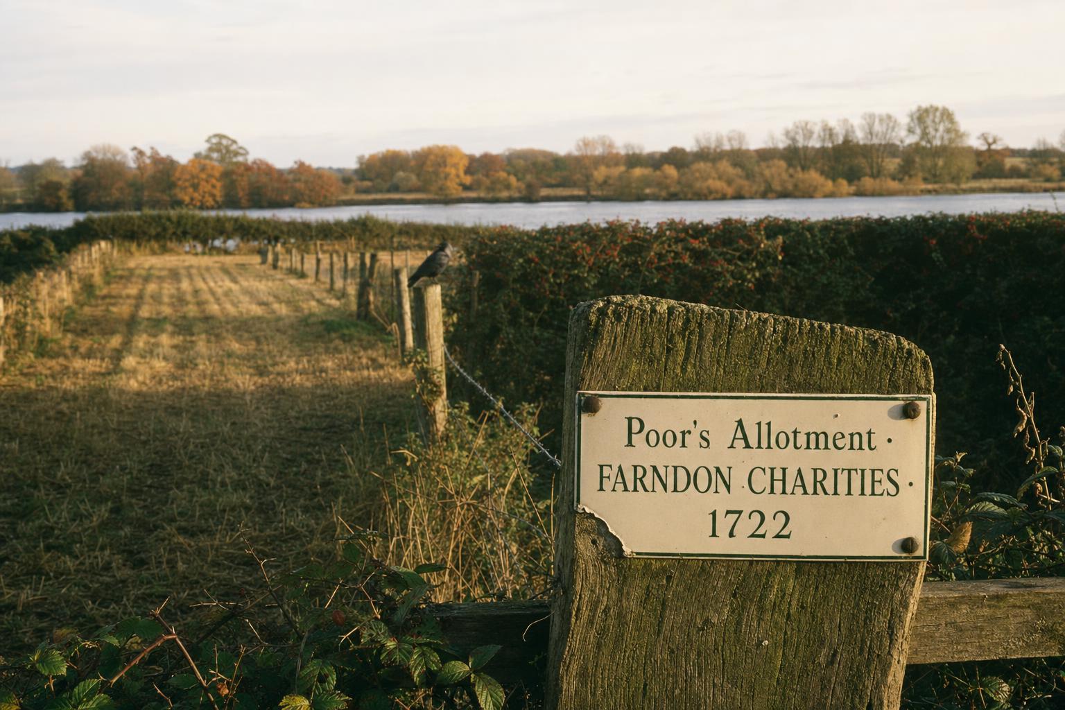 The strip of glebe land at the edge of Farndon known as the Poor's Allotment, in soft autumn light