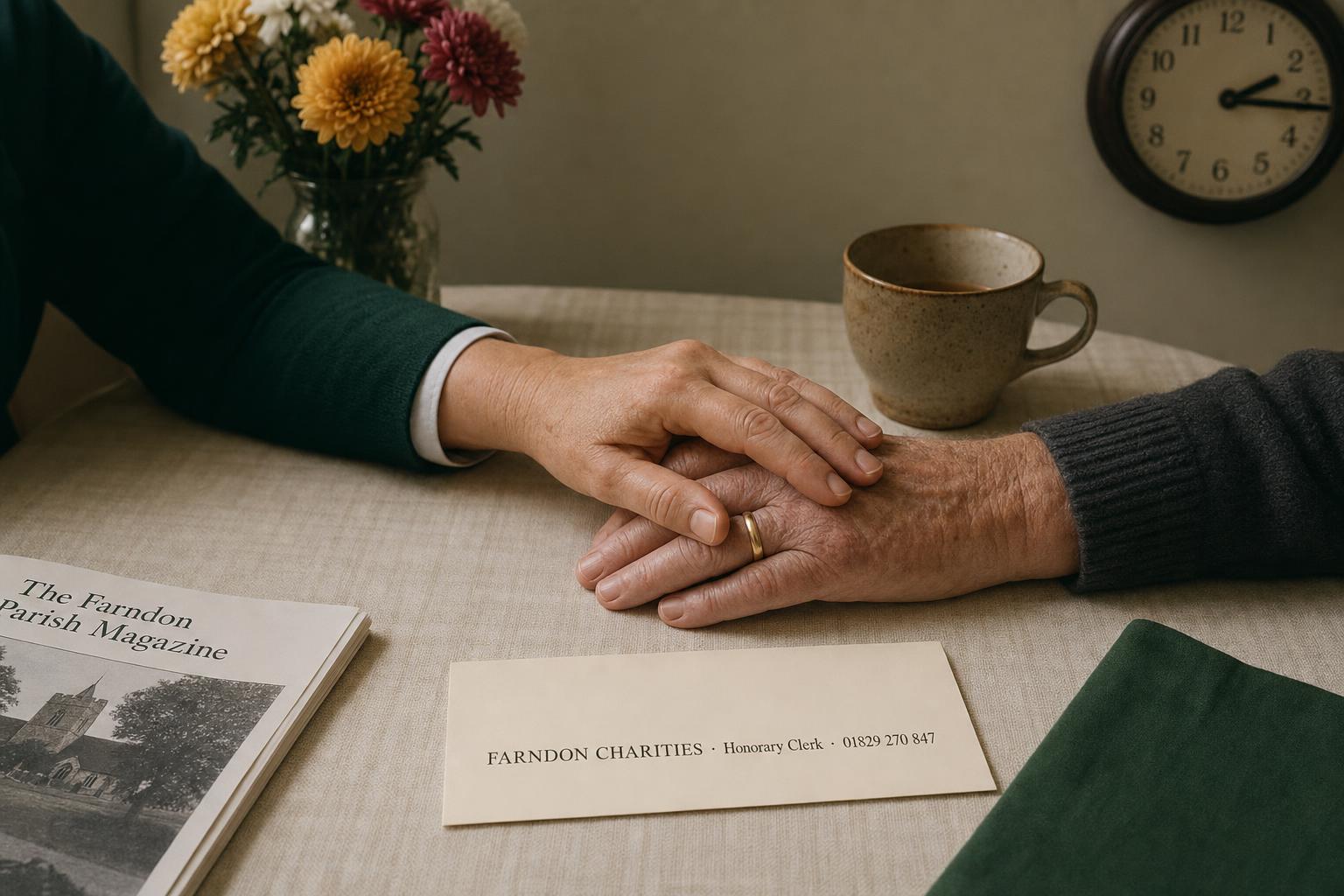 A nurse's hand resting on an older neighbour's hand, soft window light, on a Farndon kitchen table