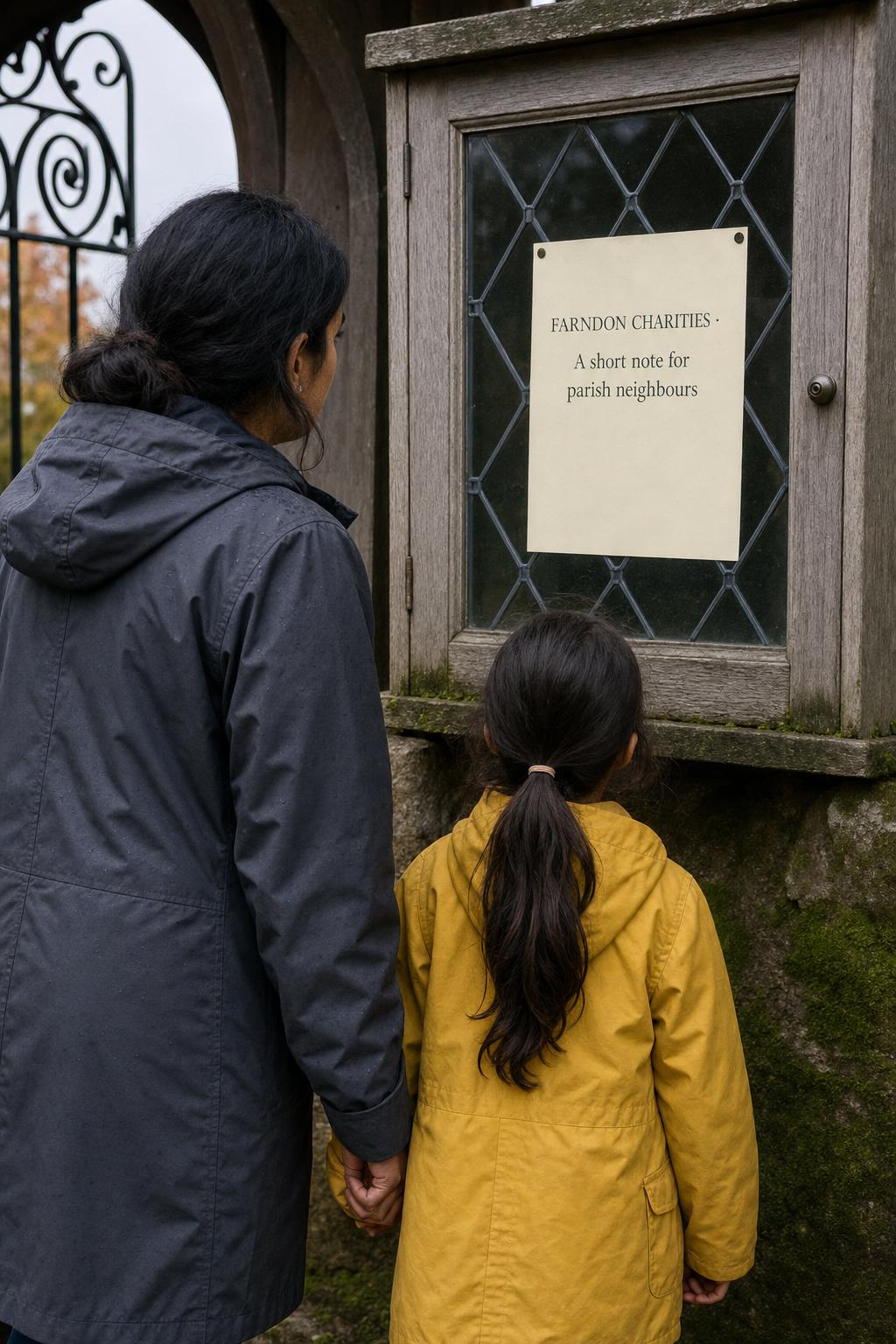 A mother and small child by the Farndon village notice-board on a damp afternoon, looking at a parish leaflet