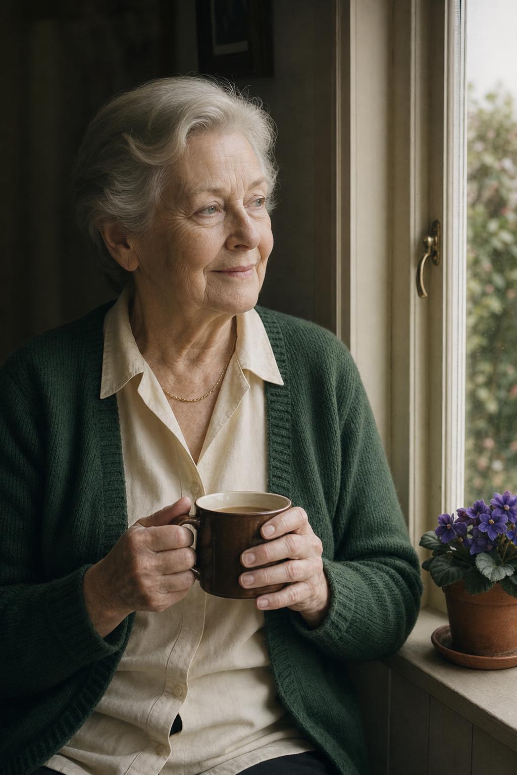 An older woman seated at her kitchen window, a mug of tea in her hands, looking out over the Farndon back lane
