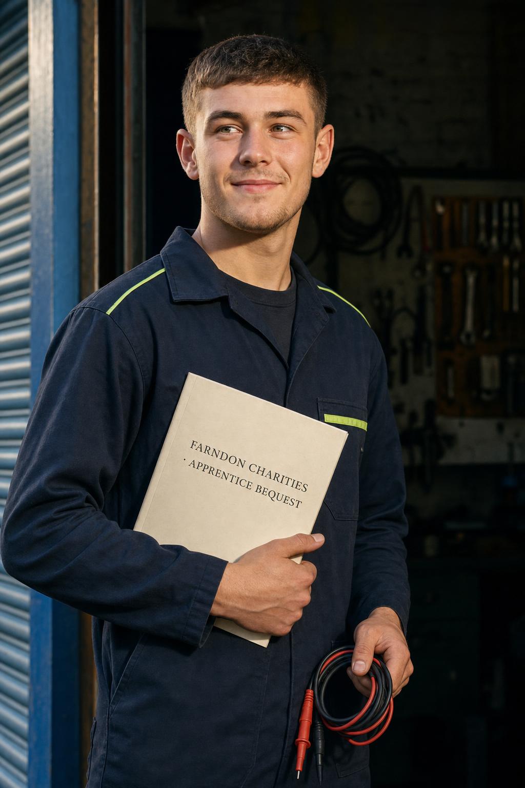 A young apprentice in workwear holding a roll of electrician's test gear, with a Farndon Charities handbook tucked under his arm
